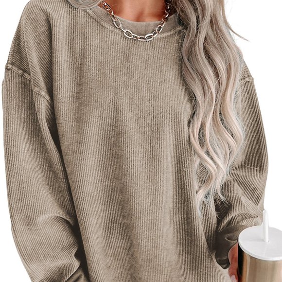 Cali Chic Women Sweatshirt Khaki Solid Ribbed Knit Round Neck Pullover - Picture 2 of 9